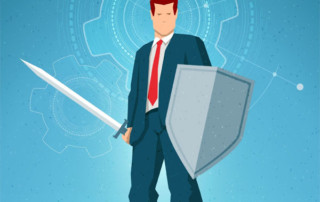 Digital graphic of a man in a business suit holding a sword and shield